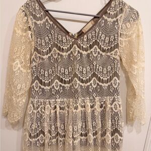Altar'd State Cream Lace V-Neck Blouse with Taupe Lining